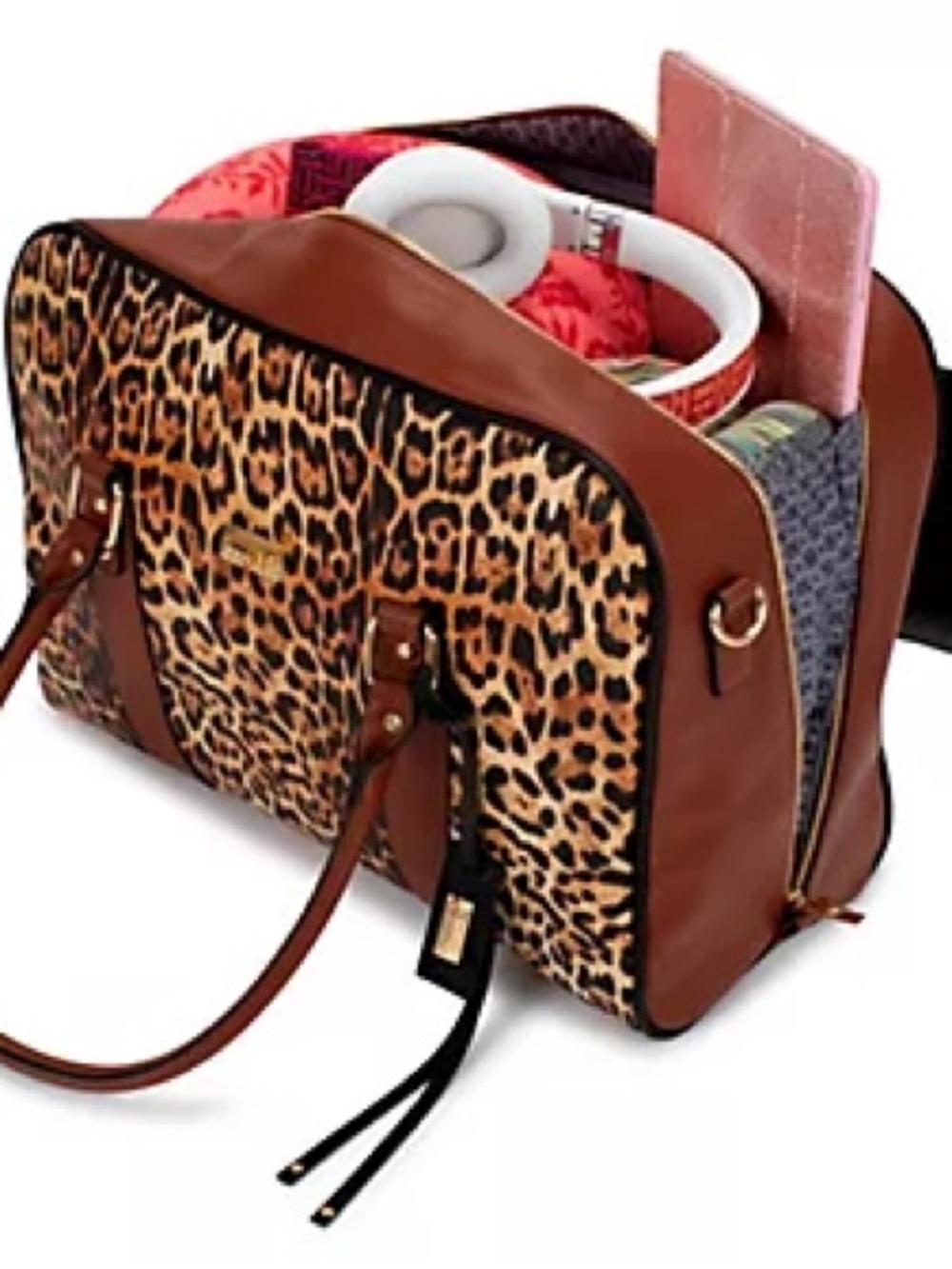 Badgley Mischka Leopard Print Leather Satchel Black Brown Accents weekender bag - Picture 7 of 15